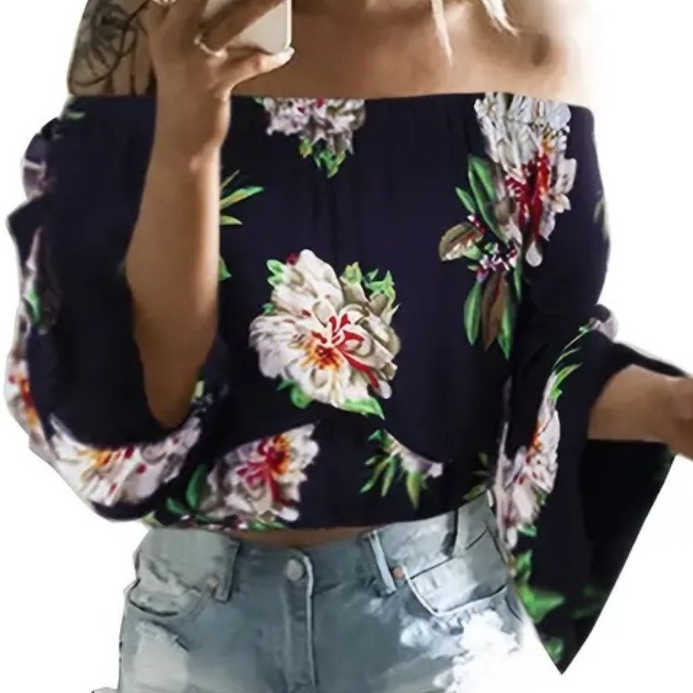 Off The Shoulder Blouse Top Black Floral Print - Medium - NEW - Picture 1 of 6